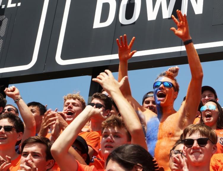Orange-painted fans cheer at game.