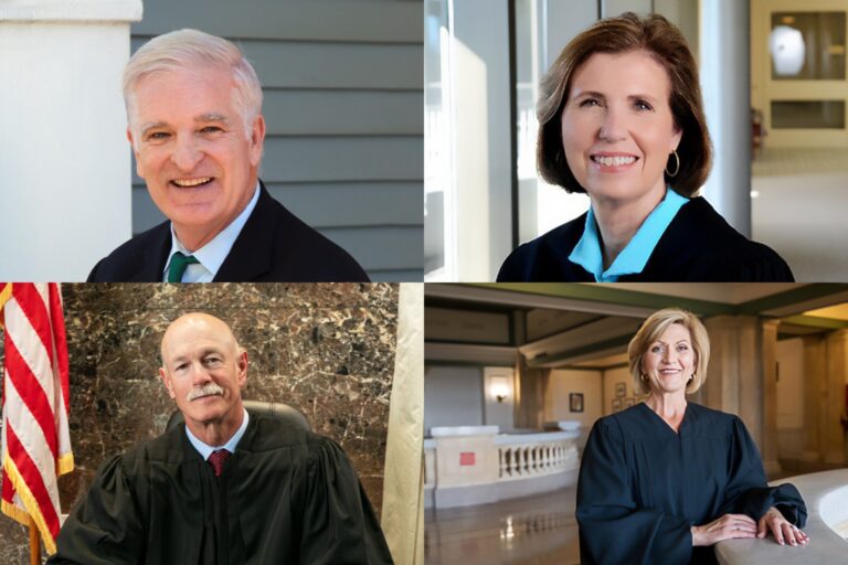 Illinois Republicans are hoping they can regain control of the state Supreme Court by picking up two seats in Chicago's suburbs in November's election. Clockwise from the top left corner, the candidates are: Republican Mark Curran, Democrat Elizabeth Rochford, Democrat Mary Kay O'Brien and Republican Michael Burke.