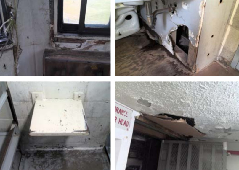 Images from a state facility condition assessment at Pontiac Correctional Center show holes in ceilings and walls and chipping paint. Pontiac Correctional Center is the most expensive prison in the state to operate.