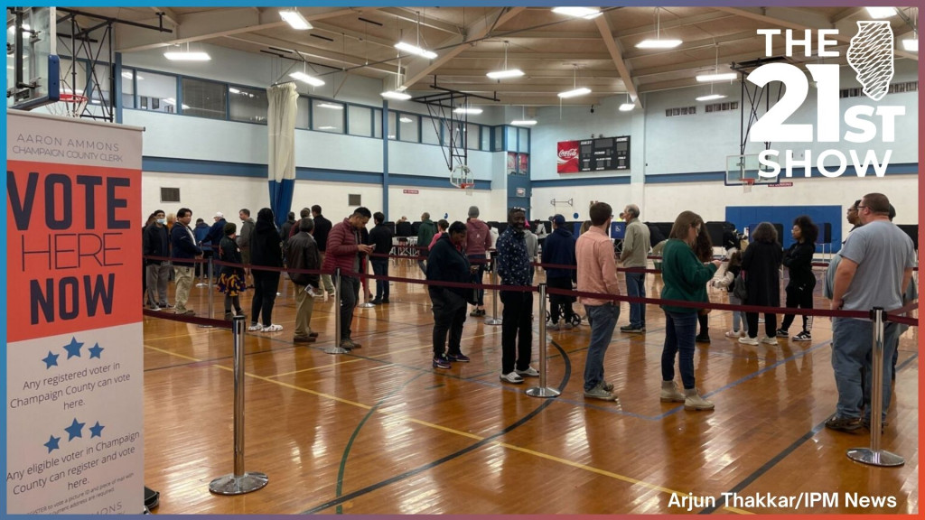People in line to vote at Brookens Administrative Center in Urbana during 2024 presidential election