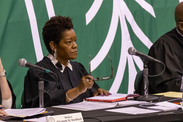 Justice Lisa Holder White is pictured in a file photo during the Illinois Supreme Court's oral arguments at Chicago State University in May.