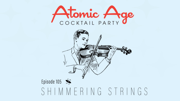Atomic Age logo with an illustration of a man playing violin. Text reads 
