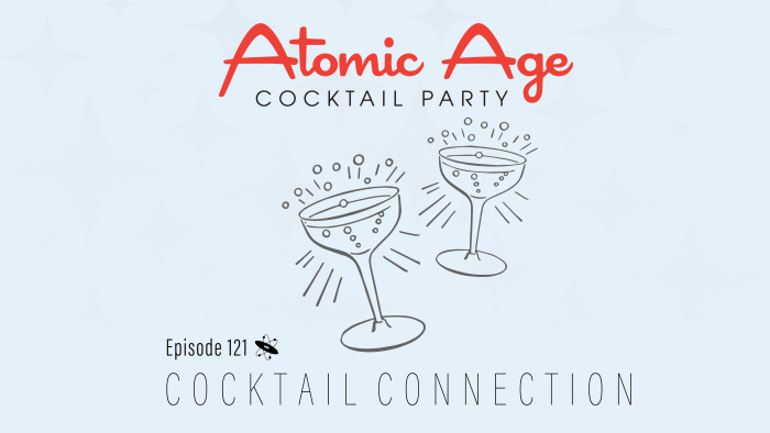 Atomic Age logo with an illustration two champage glasses bubbling. Text reads 