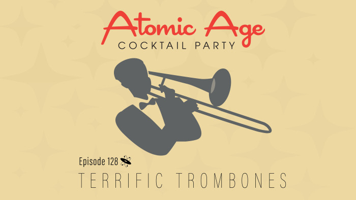 Atomic Age logo with an illustration of a person playing the trombone. Text reads 