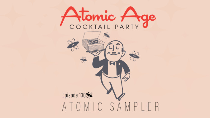 Atomic Age logo with an illustration of a waiter holding a try with a record player on it. Text reads 