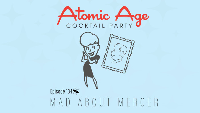 Atomic Age logo with an illustration of woman looking affectionly at a framed drawing of Johnny Mercer's profile. Text reads 