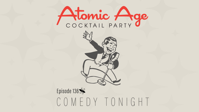Atomic Age logo with an illustration of man jumping behind a microphone. Text reads 