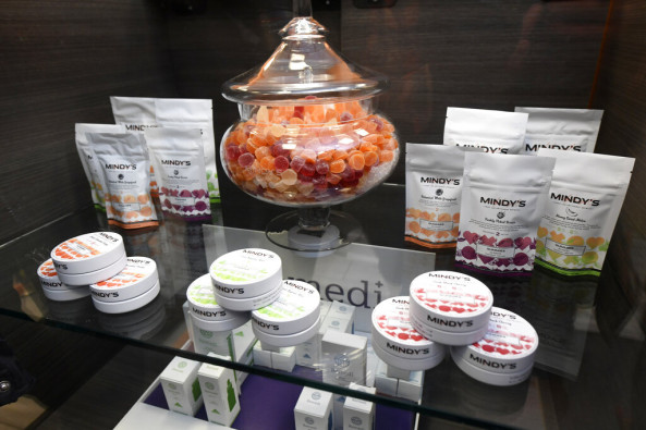 A display case of cannabis edibles at the Sunnyside marijuana dispensary in Chicago.