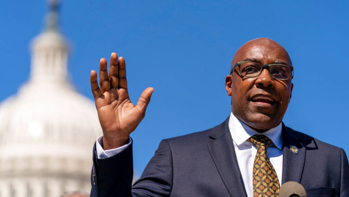 Illinois Attorney General Kwame Raoul speaks at a rally to call on the National Archivist to publish the Equal Rights Amendment as an amendment in the Constitution, on Capitol Hill in Washington, Sept. 28, 2022.