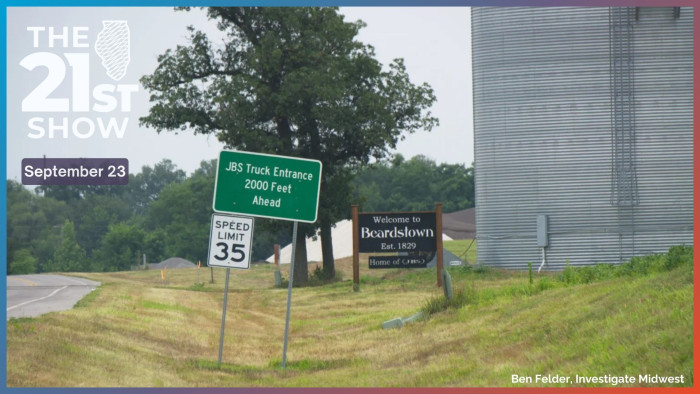 A sign for the JBS plant near the entrance to Beardstown, Illinois. 