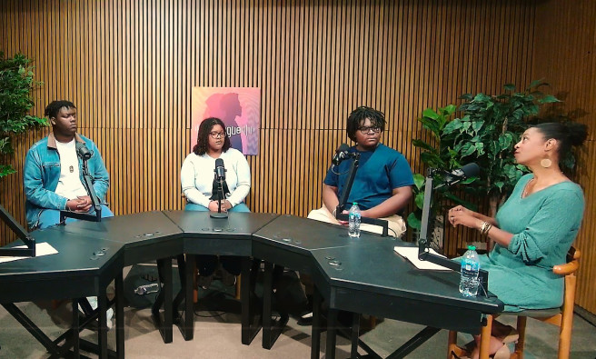 people talking on video podcast