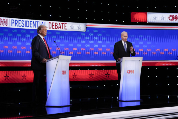 President Joe Biden, right, and Republican presidential candidate former President Donald Trump, left, during a presidential debate hosted by CNN, Thursday, June 27, 2024, in Atlanta.