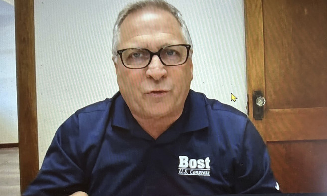 U.S. Rep. Mike Bost discusses his re-election campaign via video conference in this Monday, March 4, 2024 photo. The five-term incumbent is facing a March 19th primary challenge from Darren Bailey, a former state senator and 2022 nominee for Illinois governor. Bost has the endorsement of former President Donald Trump for the race in the 12th District, which encompasses the bottom one-third of Illinois.