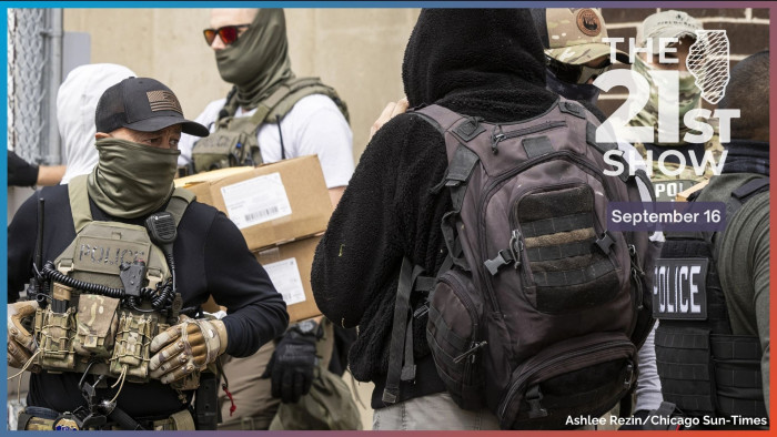 U.S. Immigration and Customs Enforcement agents escort someone inside the agency’s processing center in Broadview as protesters yell and chant “quit your job” and “shame on you” on Sept. 5