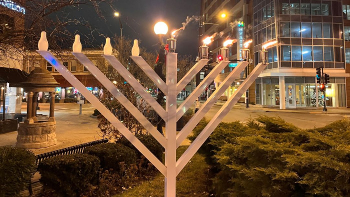 Hanukkah menorah lit in downtown Champaign in December 2023.