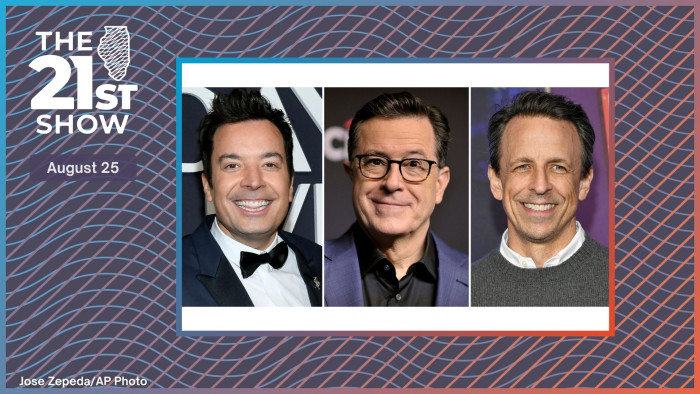 This combination of photos shows Jimmy Fallon at the SNL50: The Anniversary Special in New York on Feb. 16, 2025, left, Stephen Colbert at an event in Los Angeles on March 16, 2019, center, and Seth Meyers at the SNL50: The Homecoming Concert in New York on Feb. 14, 2025.