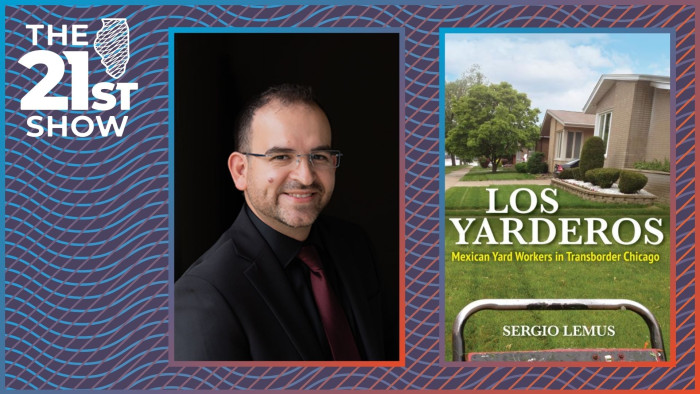 collage including a portrait of Sergio Lemus wearing a back button-down shirt with a red necktie; and the cover of the book 