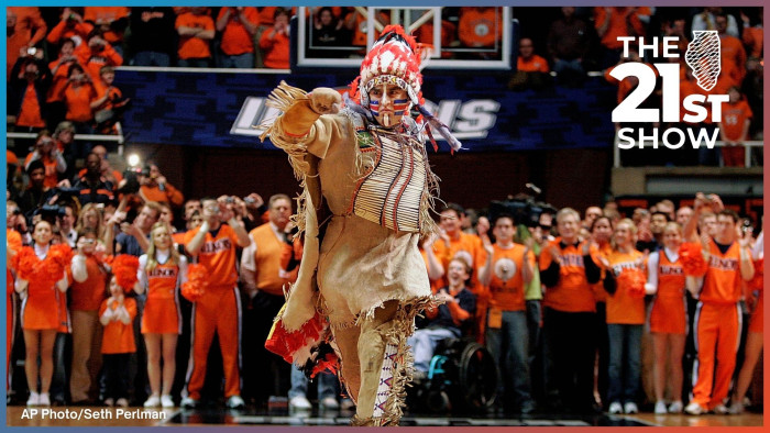 In this Feb. 21, 2007 file photo, Chief Illiniwek, mascot for the University of Illinois, performs for the last time during an Illinois basketball game in Champaign, Ill.
