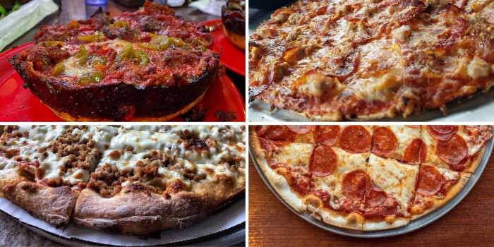 Pizza from Pequod's, Candlelite Chicago, Quad City Pizza and St. Louis Style Pizza