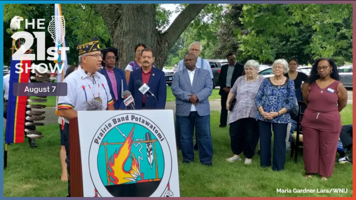 Potawatomi Prairie Band Chairman Joseph Rupnick speaks during a press conference surrounded by federal, state and local elected officials and Prairie Band leaders on August 11, 2022 in in DeKalb County, Illinois.