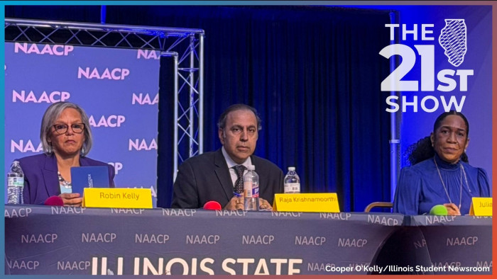 U.S. Representative Robin Kelly, U.S. Representative Raaj Krishnamoorthi and Lieutenant Governor of Illinois Juliana Stratton await a question during a Feb. 15, 2026 forum for U.S. Senate Candidates hosted by the NAACP at Love Corner Church in Champaign. The three candidates are looking to take the seat currently held by Senator Dick Durbin, and are competing in the March 17, 2026 Primary Elections for a spot on the official ballot.