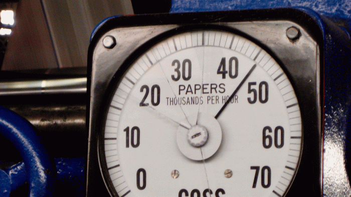 A gauge shows the rate of papers being printed at The State Journal-Register in Springfield on Feb. 28, 2011. It was the last local run of the SJ-R — after that, the parent company dismantled the press and moved printing operations to Peoria, one of the early cost-cutting moves in what would be a decade of reductions.