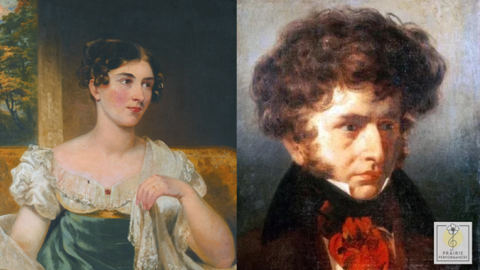 On the left, a painting of dark-haired woman in a white gown. On the right, a painting of a brunet man wearing a high-collared jacket. 