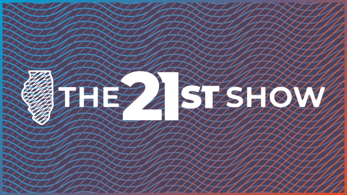 The 21st Show logo in white with red and blue wavy lines in the background