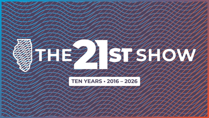 wavy red and blue lines are the backdrop for The 21st Show's logo, which features an outline of the state of Illinois; beneath that is written 