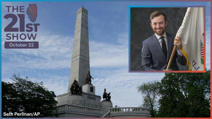 the gray obelisk and statues atop Lincoln's tomb are visible against a mostly clear blue sky; inset: a white man in a suit and tie poses holding a full-size state flag of Illinois, as though he's about to lead a regiment of accountants into a Civil War battle