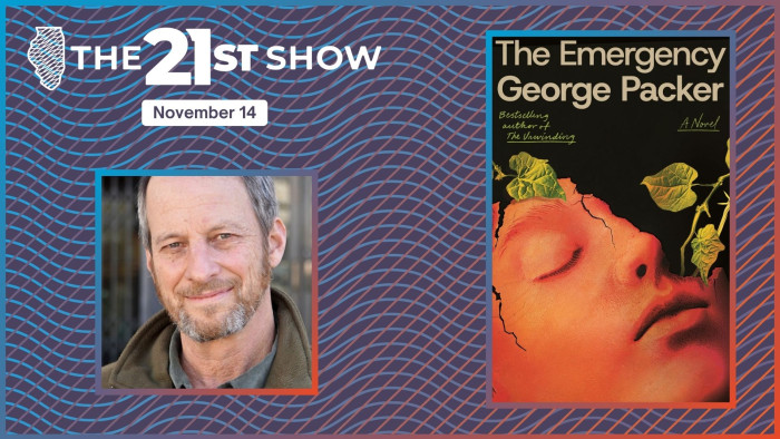 a montage including a headshop of white man with graying hair and beard wearing a fleece jacket, and the cover of the book, which features green vines and what appears to be a life-like clay mask that's cracking up