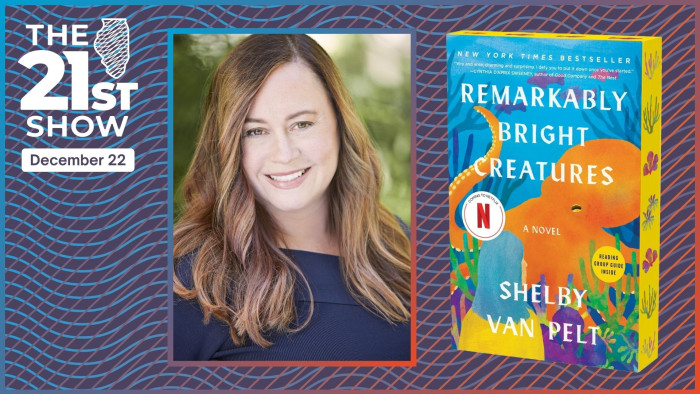 A collage that includes a photo of author Shelby Van Pelt (a white woman with brown hair, wearing a navy blue outfit), and the cover of the book (which features a watercolor painting of bright orange octopus on the ocean floor)