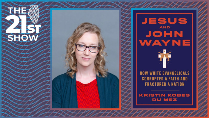 a collage featuring Du Mez, a white woman with blond-brown hair wearing glasses, a red blouse and dark blue sweater; the cover of Jesus and John Wayne is a deep-bluish-purple color with orange text and features a pair of golden pistols in front of a white Christian cross