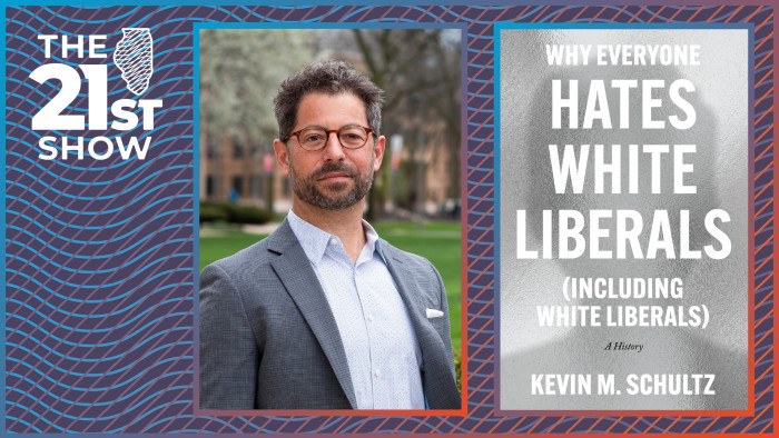a collage including the book cover and author Kevin Schultz, a white man with salt-and-pepper hair wearing brown glasses, a white and blue dress shirt open at the collar, and a suit jacket with a white pocket square