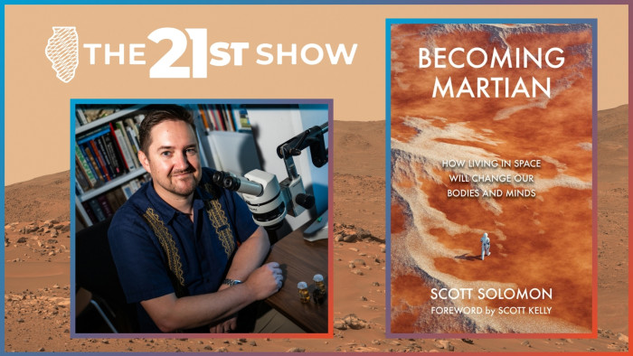 a montage featuring Scott Solomon, a white man with a short beard wearing a navy bowling shirt with gold accents, sitting in front of bookcases and next to the binocular eyepieces of a telescope; the cover of 