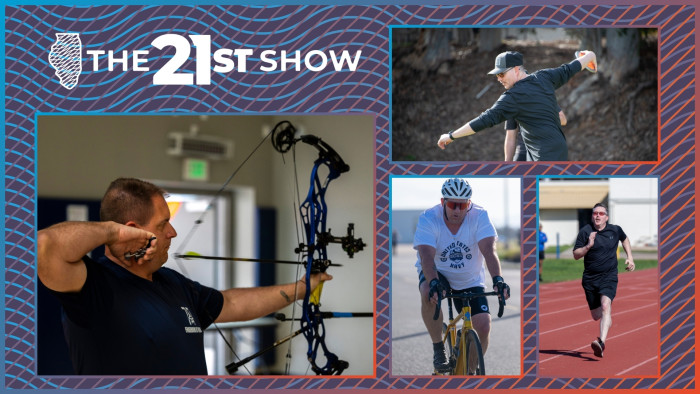a collage featuring men in T-shirts hurling a discus, running on a track, cycling, and loosing an arrow from a compound bow