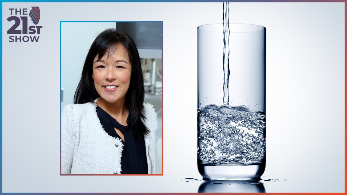a stock photo of a clear glass being filled with water; inset: a woman of Asian descent wears a black shirt and a white linen jacket while standing in what appears to be a lab or medical clinic