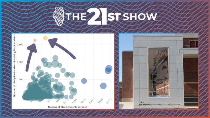 a chart showing Black student enrollment against Black student discipline, with two major outliers compared with the rest of the state; separately there's also a photo of a school building — mostly brick but with a glass-and-metal facade; the glass features a large etching of a lion, which is Lanphier High School's mascot