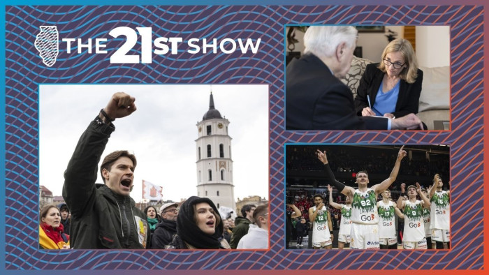 Clockwise from top right: Chicago Sun-Times reporter Stephanie Zimmermann interviews Former President of Lithuania Valdas Adamkus; Edgaras Ulanovas of BC Žalgiris Kaunas responds to fans after winning a basketball game in Vilnius; thousands gather for a free speech protest in Cathedral Square in Vilnius on April 25, 2026.