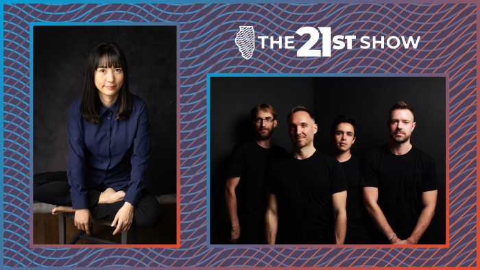 Two photos: Juri Seo wears a navy blue jumpsuit and sits cross-legged on a chair; members of JACK Quartet wear black shirts in front of a black background