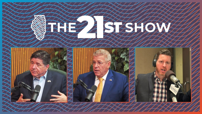 a graphic including inset images of three white men sitting in radio studios talking into microphones