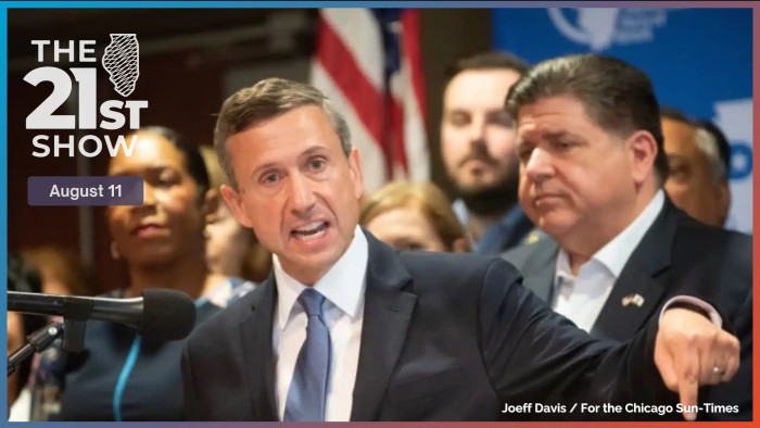 Pritzker behind him and alongside Texas Democrats who left their state to thwart Texas Gov. Greg Abbott’s remap efforts.