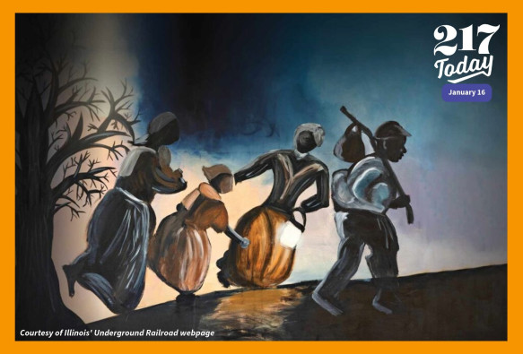 Artwork of four people traveling with a lantern and packs.