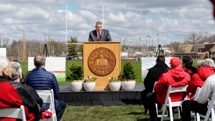 Then-Athletics Director Kyle Brennan addresses the crowd at the 2022 groundbreaking for the new Indoor Practice Facility.