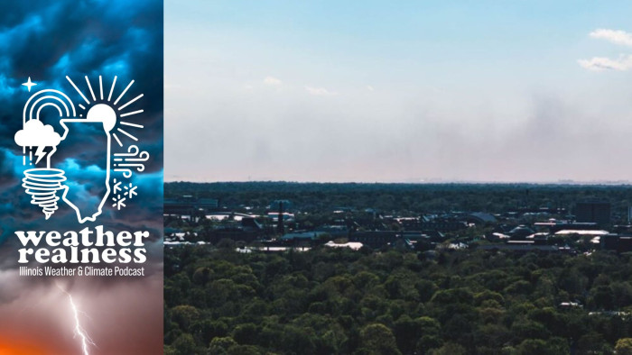 A cloud of blowing dust in Urbana with the State Farm Center and Memorial Stadium in the foreground on the left.