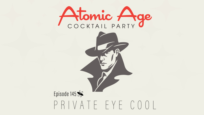 Atomic Age logo with illustration of an illustration of man wearing a hate and trenchcoat. Text reads 