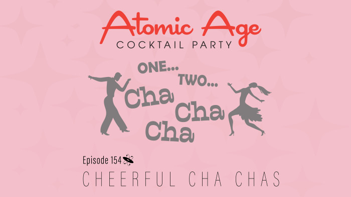 Atomic Age logo with an illustration of a man and woman dance one ether side of the phrase 