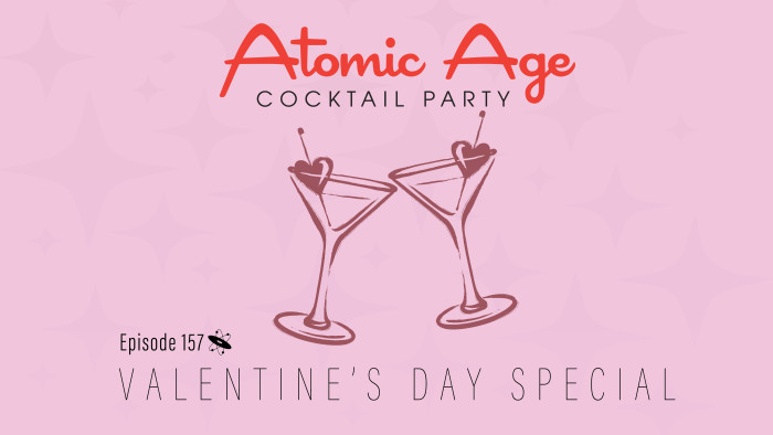 Atomic Age logo with an illustration of two martini glasses with hearts in them.