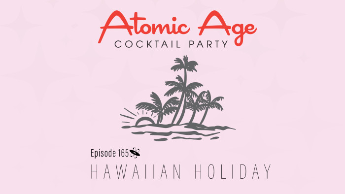 Atomic Age logo with an illustration of a tropical island with the sun behind it. Text reads 