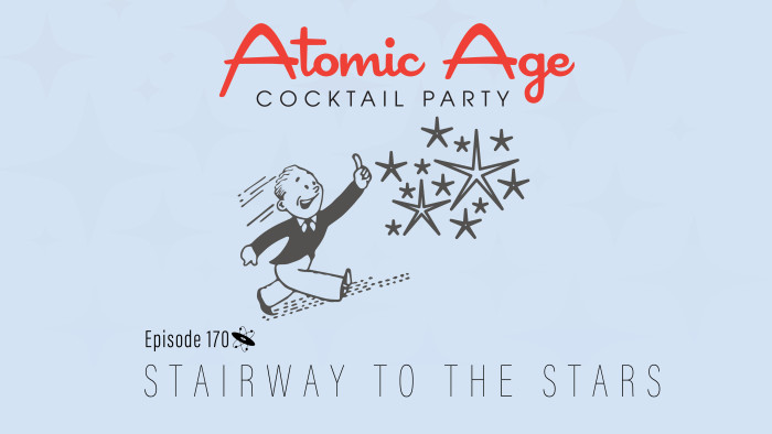 Atomic Age logo with an illustration of a man racing up to a group of stars. Text reads 
